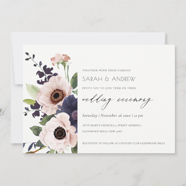 Elegant Blush Navy Anemone Floral Wedding Invite (Front)