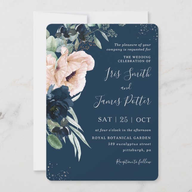 Elegant Blush Navy Blue Floral Silver Wedding  Invitation (Front)