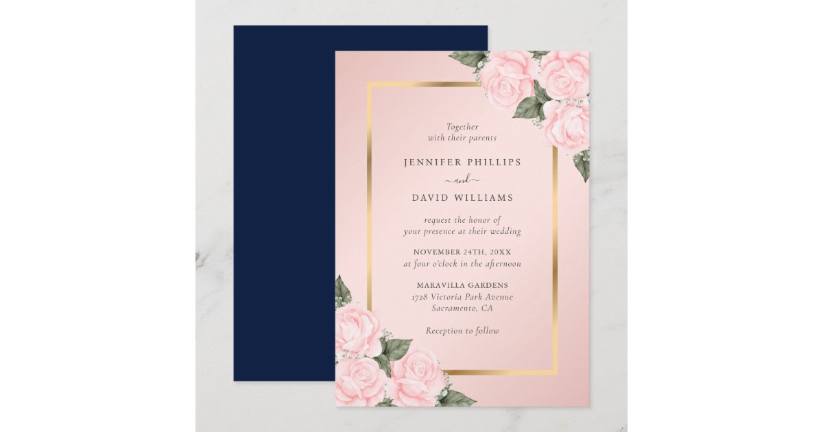 Elegant Blush Navy Blue Gold Floral Wedding Invitation | Zazzle