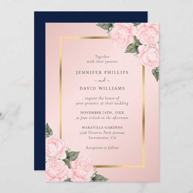 Elegant Blush Navy Blue Gold Floral Wedding Invitation (Front/Back)