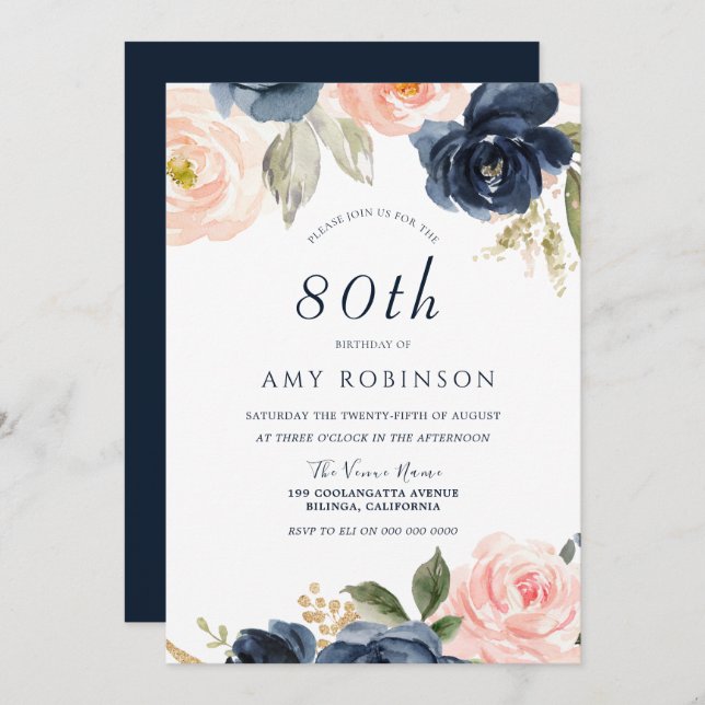 Elegant Blush & Navy Floral 80th Birthday Party Invitation (Front/Back)