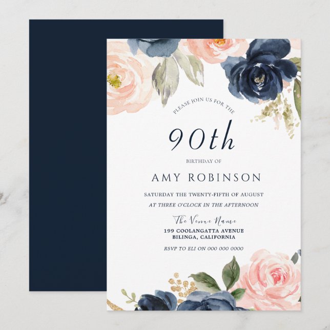 Elegant Blush & Navy Floral 90th Birthday Party Invitation (Front/Back)