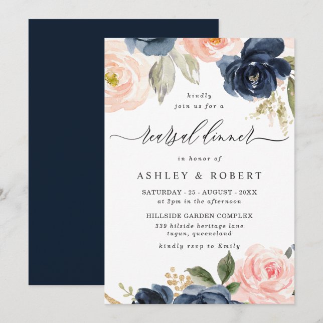 Elegant Blush & Navy Floral Rehearsal Dinner Invitation (Front/Back)