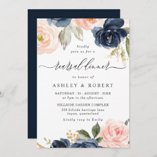 Elegant Blush & Navy Floral Rehearsal Dinner Invitation
