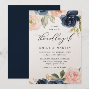 Elegant Blush & Navy Floral Shimmer Wedding Invitation
