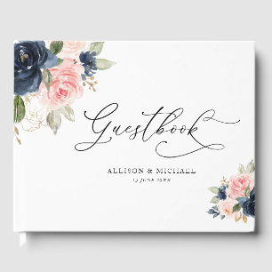 Elegant blush & navy floral wedding guestbook