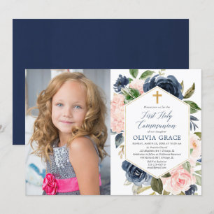 Elegant blush navy girl first holy communion photo invitation