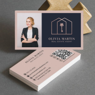 Elegant Blush & Navy Professional Real Estate  Business Card
