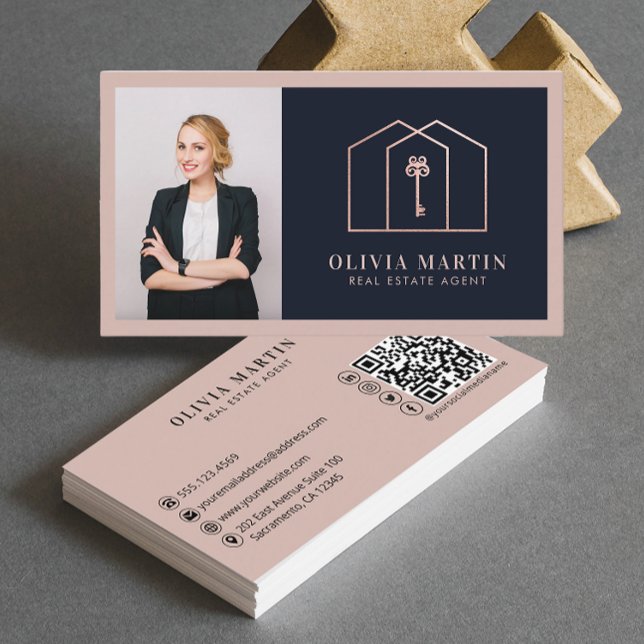 Elegant Blush & Navy Professional Real Estate  Business Card (Creator Uploaded)