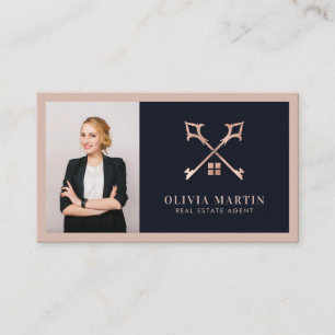 Elegant Blush & Navy Professional Real Estate Logo Business Card
