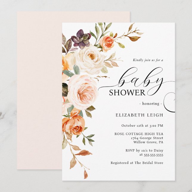 Elegant Blush Peach Floral Baby Shower  Invitation (Front/Back)