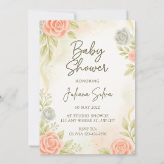 Elegant Blush Peach Floral Baby Shower Invitation 