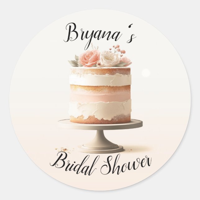 Elegant Blush Peach Floral Cake Bridal Shower  Classic Round Sticker (Front)