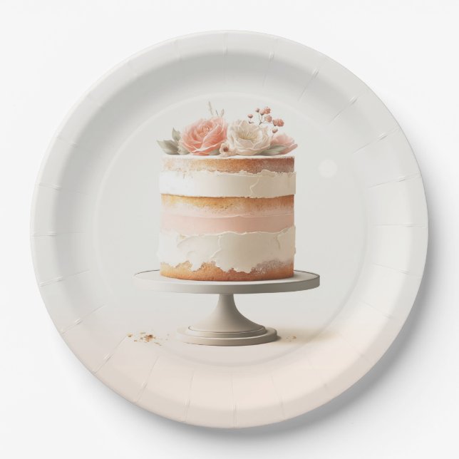 Elegant Blush Peach Floral Cake Bridal Shower  Paper Plate (Front)