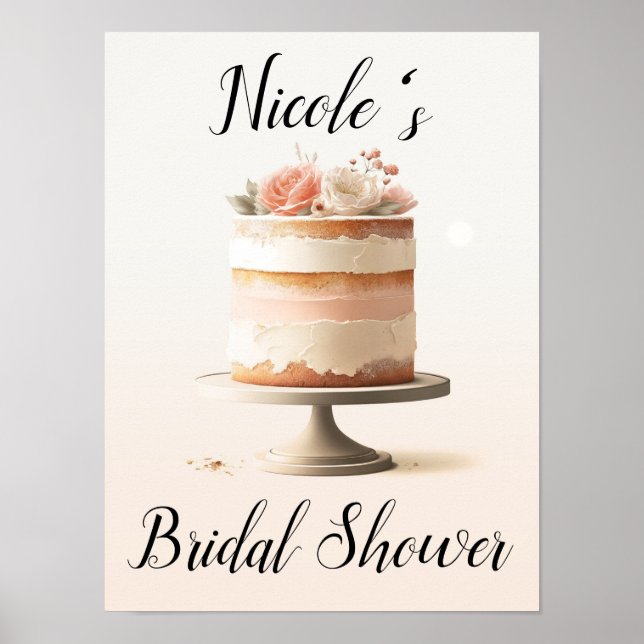 Elegant Blush Peach Floral Cake Bridal Shower Poster (Front)