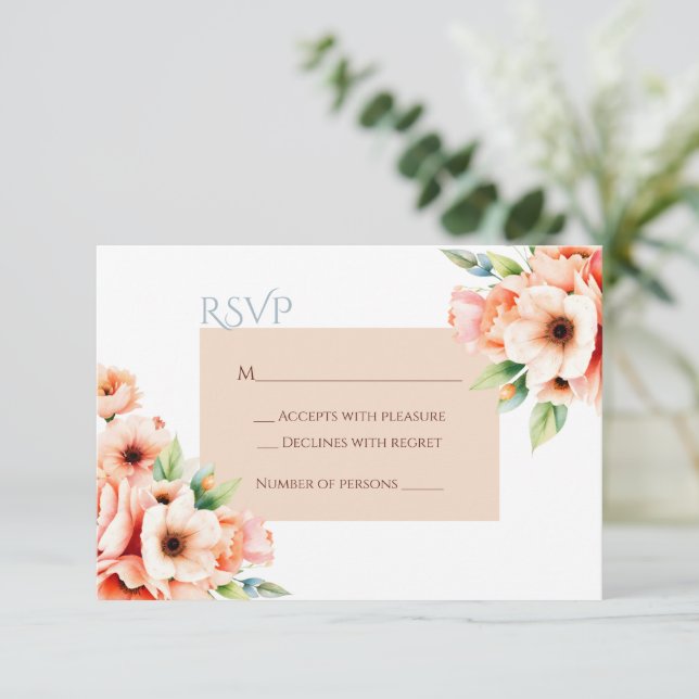 Elegant Blush Peach Floral RSVP Response Card (Standing Front)
