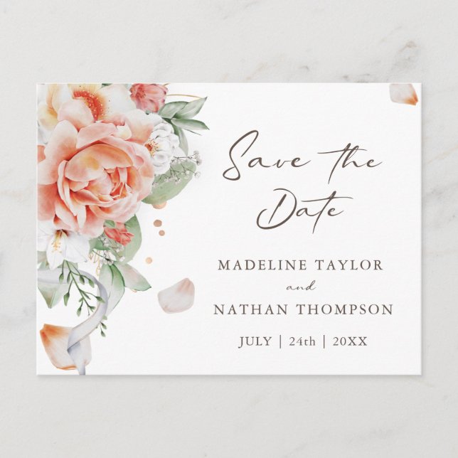 Elegant Blush Peach Floral Save the Date Postcard (Front)