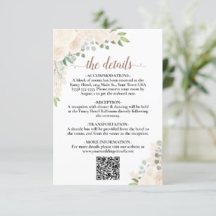 Elegant Blush Peach Floral Wedding Details QR Code Enclosure Card