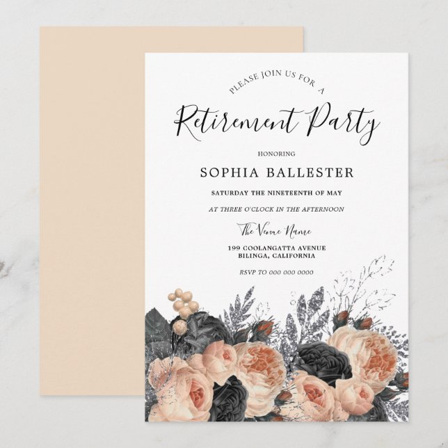 Elegant Blush Peach Flowers Retirement Party Invitation (Front/Back)