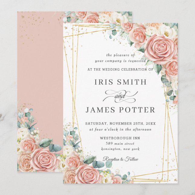 Elegant Blush Peach Ivory Floral Roses Wedding   Invitation (Front/Back)