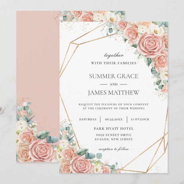 Elegant Blush Peach Ivory Floral Roses Wedding  Invitation (Front/Back)