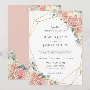 Elegant Blush Peach Ivory Floral Roses Wedding Invitation