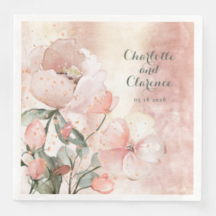 Elegant Blush Peach Peony And Rose Gold Wedding Napkin