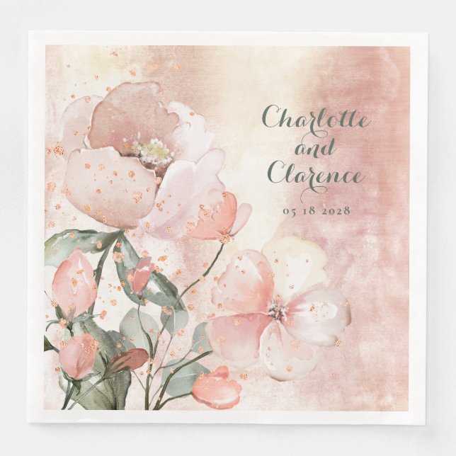 Elegant Blush Peach Peony And Rose Gold Wedding Napkin (Front)