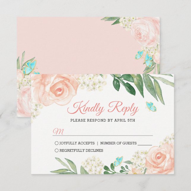Elegant Blush Peach Watercolor Floral Wedding RSVP Card (Front/Back)