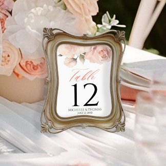 Elegant Blush Peach Watercolor Floral Wedding Table Number