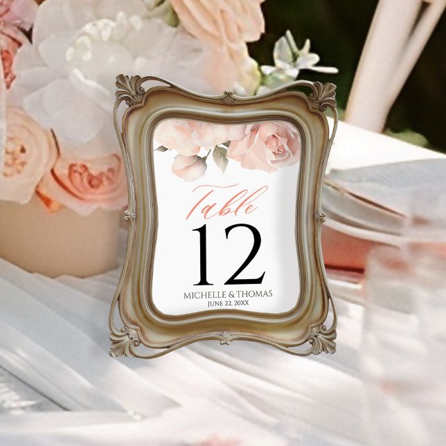 Elegant Blush Peach Watercolor Floral Wedding Table Number (Creator Uploaded)