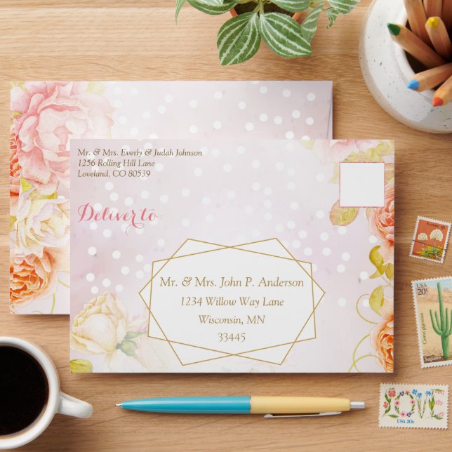 Elegant Blush Peachy Pink Geometric Rose Wedding Envelope (Desk)