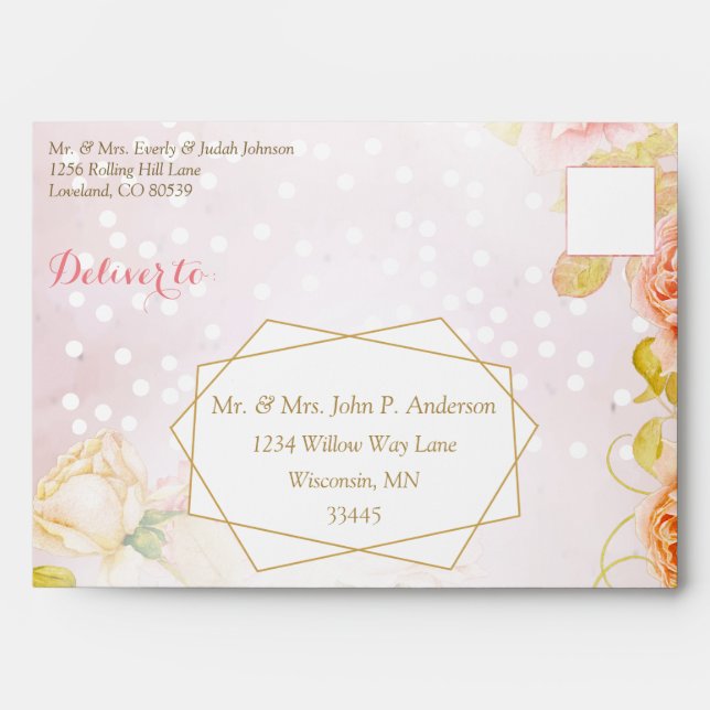 Elegant Blush Peachy Pink Geometric Rose Wedding Envelope (Front)