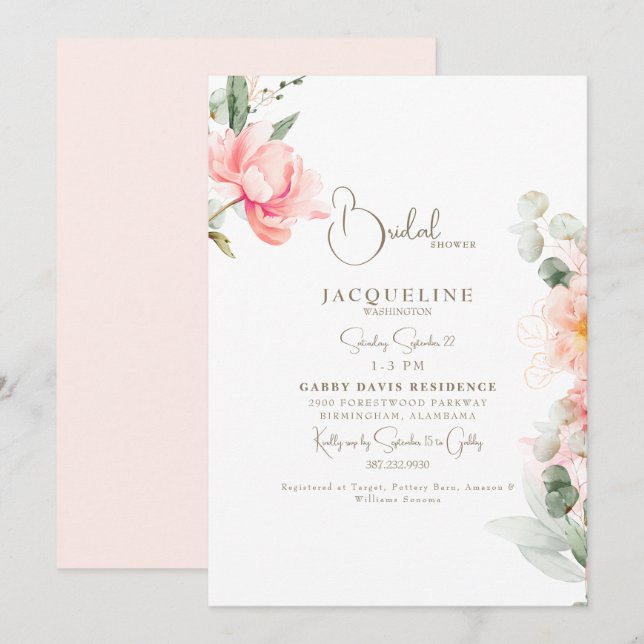 Elegant Blush Peonies Gold Text Bridal Shower  Invitation (Front/Back)