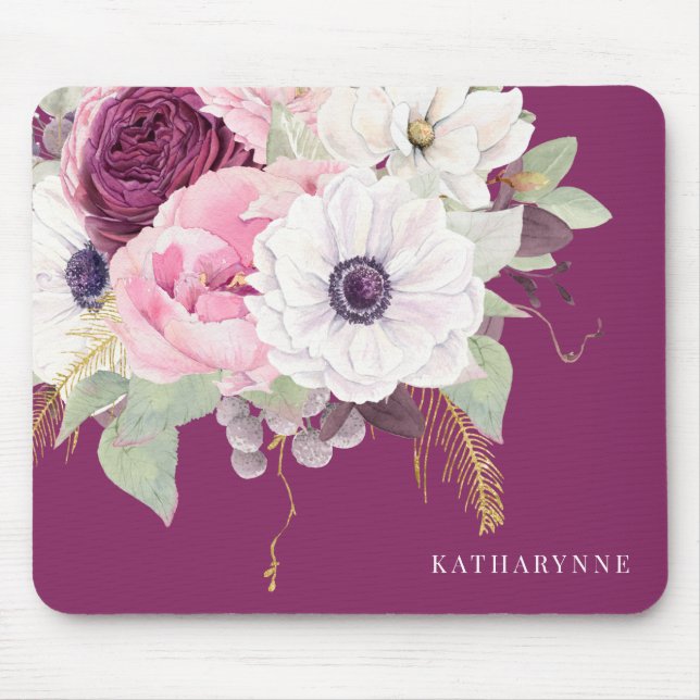 Elegant Blush Peony Botanical Gold Foil Floral Mouse Mat (Front)