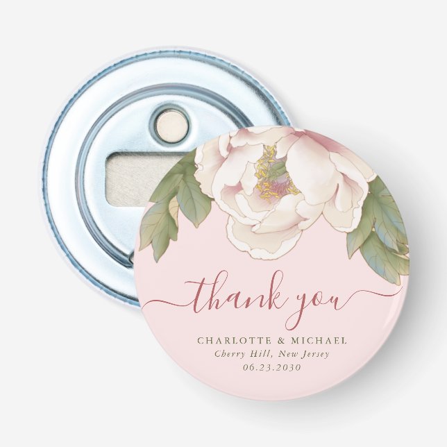 Elegant Blush Peony Floral Thank You Wedding Favou Bottle Opener (Front)