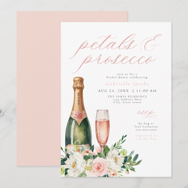 Elegant Blush Petals & Prosecco Bridal Shower Invitation (Front/Back)