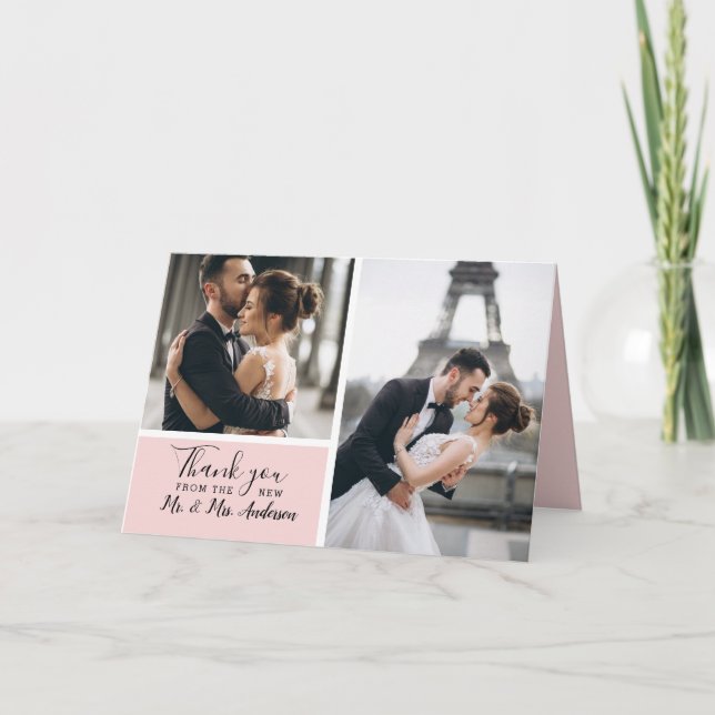 Elegant Blush Pink 2 Photo Collage Wedding Thank You Card (Front)