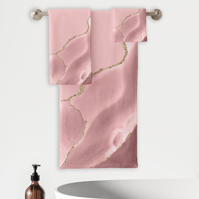 Elegant Blush Pink Agate Gold Glitter Bath Towel Set (Creator Uploaded)