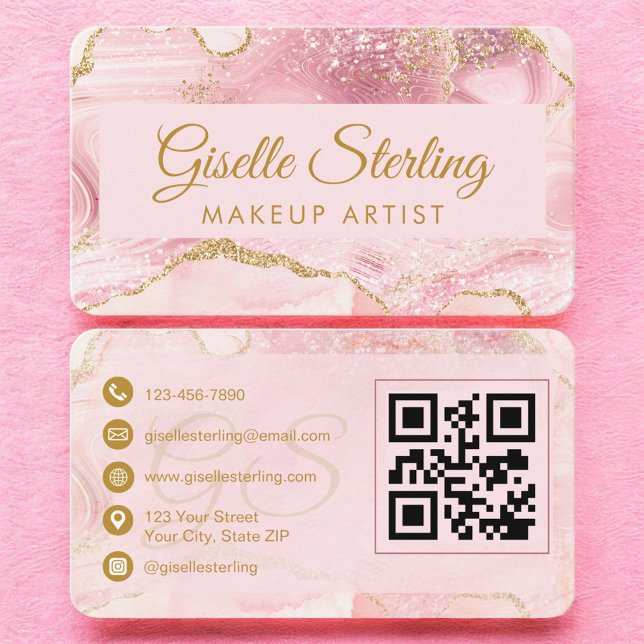 Elegant Blush Pink Agate Makeup Artist QR Code Business Card (Creator Uploaded)