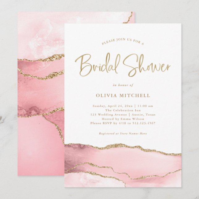 Elegant Blush Pink Agate with Gold | Bridal Shower Invitation (Front/Back)