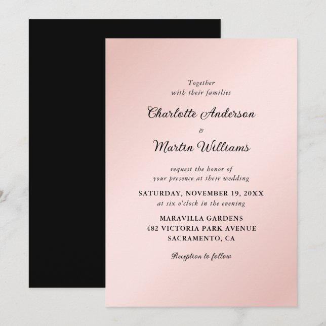 Elegant Blush Pink and Black Minimalist Wedding Invitation (Front/Back)