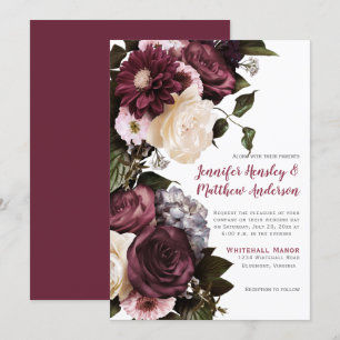 Elegant Blush Pink and Burgundy Floral Wedding   Invitation