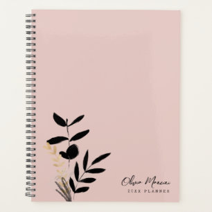 Elegant Blush Pink and Gold Black Botanical Planner