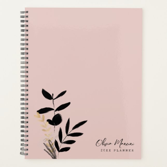 Elegant Blush Pink and  Gold Black Botanical Planner (Front)