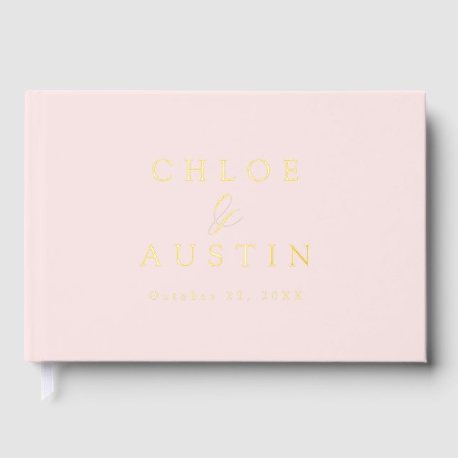 Elegant Blush Pink and Gold Calligraphy Wedding Guest Book (Front)