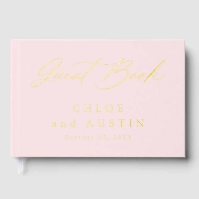 Elegant Blush Pink and Gold Calligraphy Wedding Guest Book (Front)