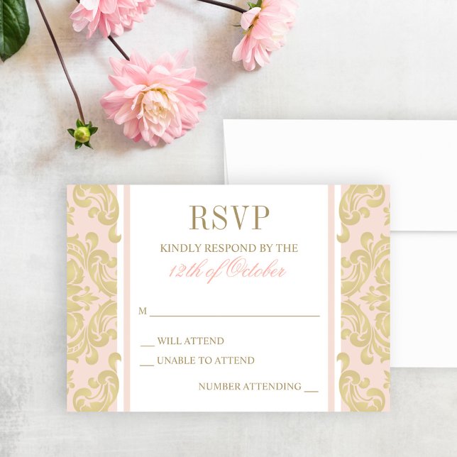 Elegant Blush Pink and Gold Damask Baby Baptism RSVP Card (Creator Uploaded)