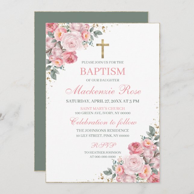 Elegant Blush Pink and Gold Floral Baptism Invitation (Front/Back)