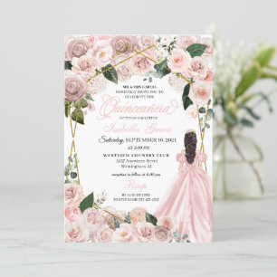Elegant Blush Pink and Gold Floral Quinceanera Inv Invitation